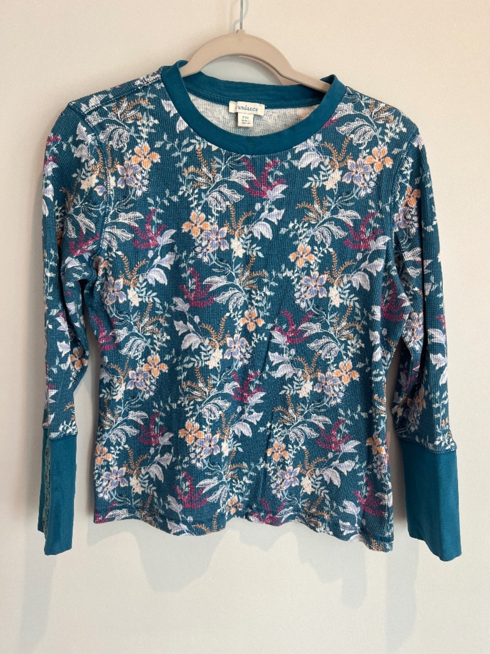 Sundance Floral Waffle Knit Thermal Top Velvet Trim Teal Petite XL